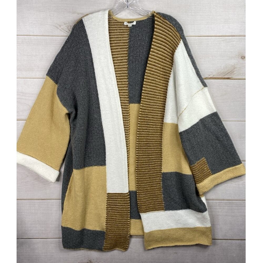 Anthropologie Colorblock Open Cardigan in Gray, Cream, Mustard